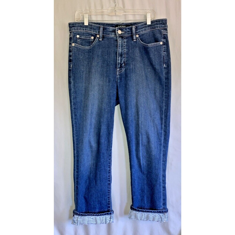 Lauren Ralph Lauren Women's 12 Straight Cropped Blue Striped Cuff Mid-Rise Jeans